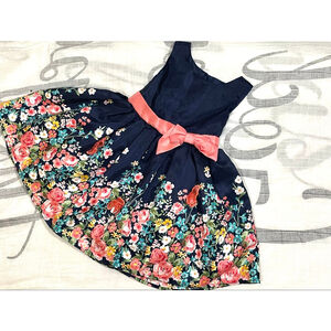Girls Lilt Formal Dress 4T Navy Blue Floral with Coral Bow